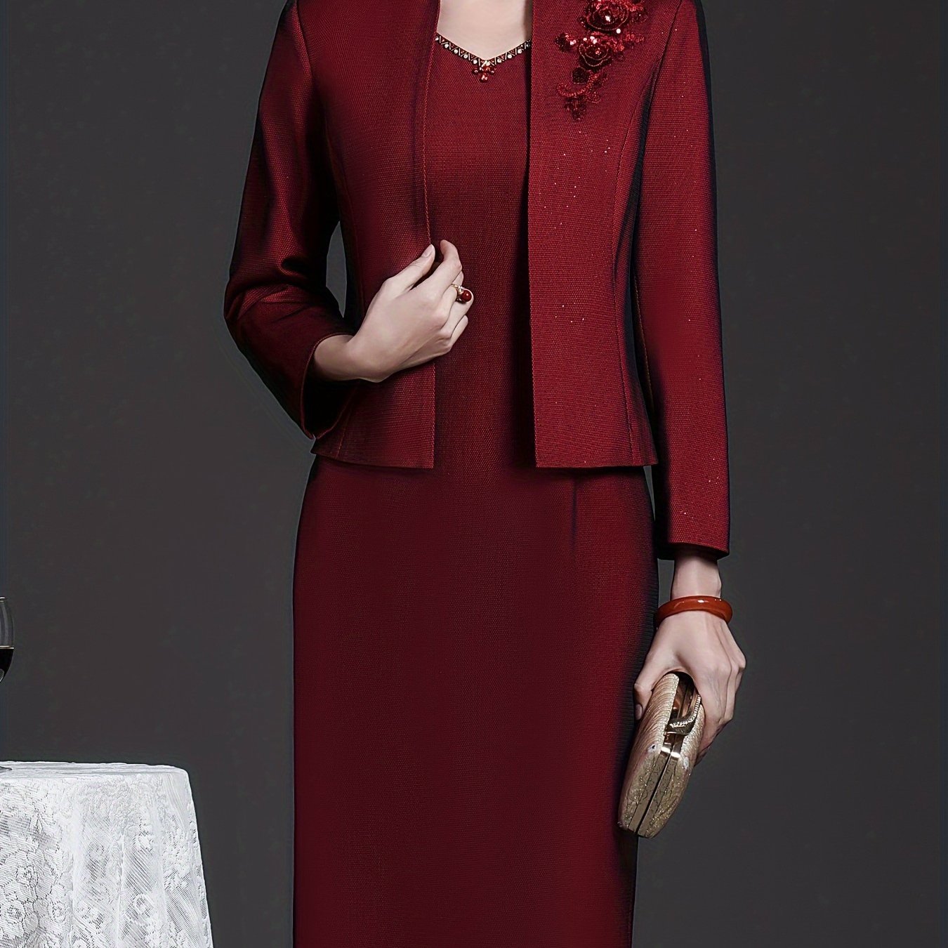 Wine Red Two-piece Dress Set Elegant Slim, Long Sleeve Coat Embroidered Top And Sleeveless Sundress Women