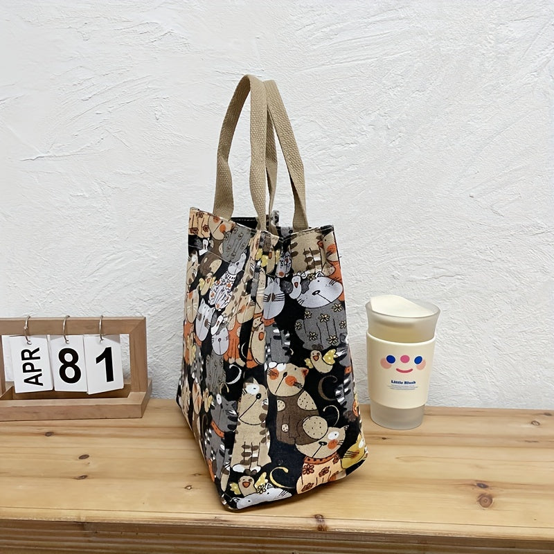 Cartoon Canvas Handbags, Cat Print Lunch Box Bag, Portable Storage Handbags For Work School