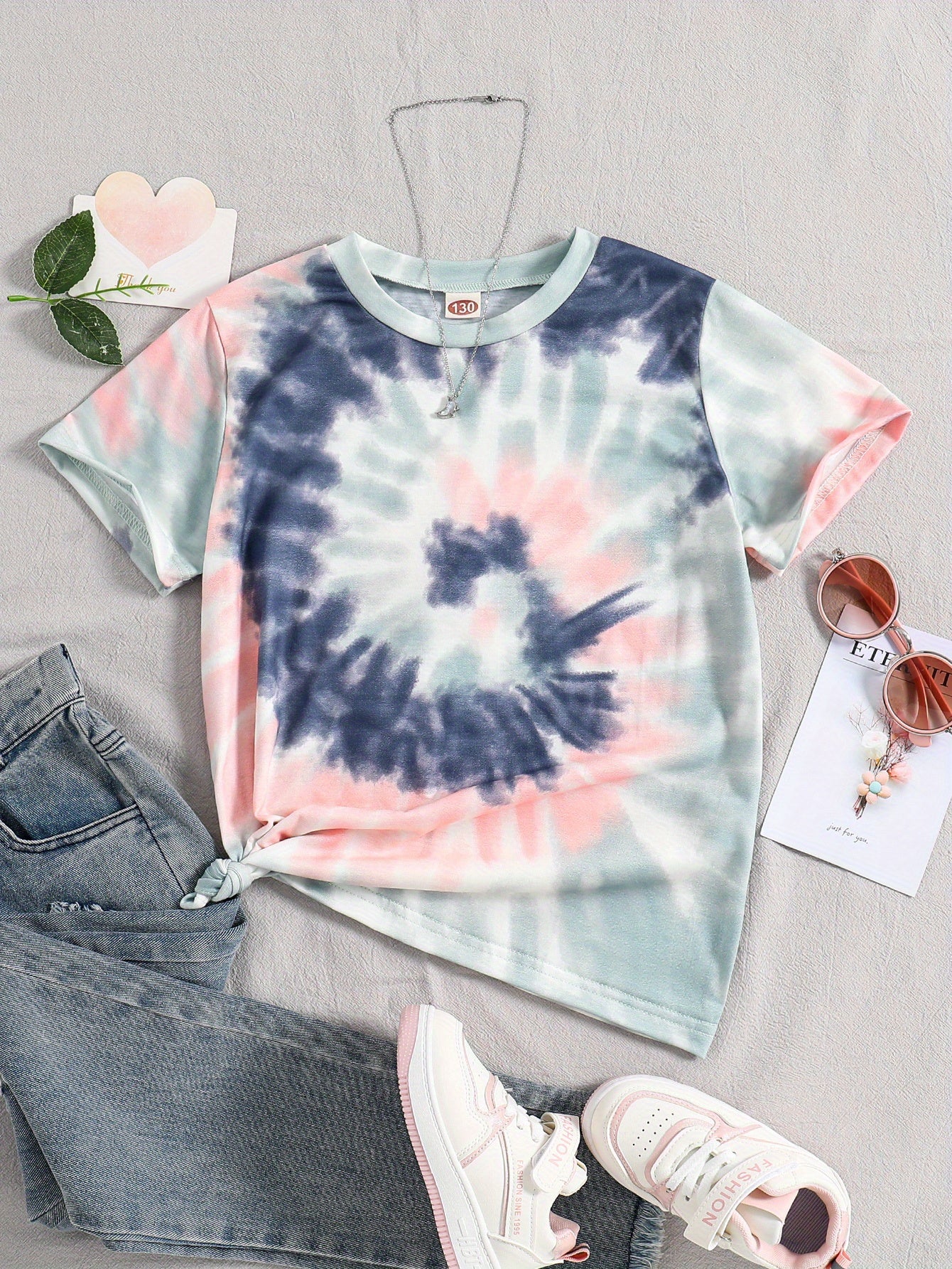 Vibrant Girls' Tie-Dye Graphic Crew Neck T-Shirt - Soft, Lightweight, and Comfortable Fit for Kids - Perfect Summer Tops Clothing for Casual Wear
